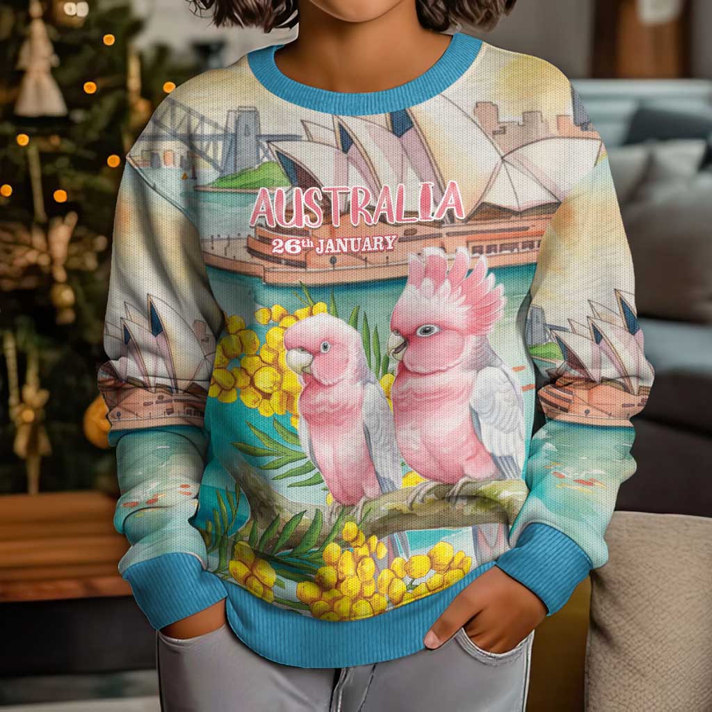 Personalised Pink Galah Australia Day Kid Ugly Christmas Sweater Aussie Sydney Opera House Watercolor Stylized - Aussie Hoodie