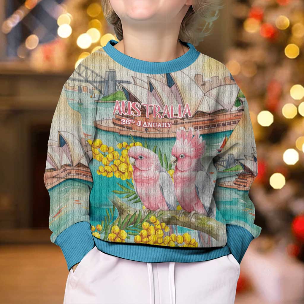 Personalised Pink Galah Australia Day Kid Ugly Christmas Sweater Aussie Sydney Opera House Watercolor Stylized - Aussie Hoodie