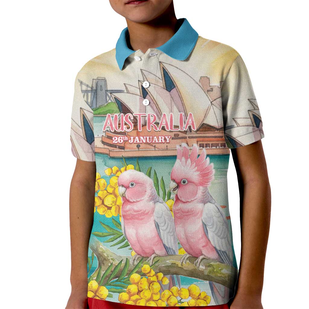 Personalised Pink Galah Australia Day Kid Polo Shirt Aussie Sydney Opera House Watercolor Stylized - Aussie Hoodie