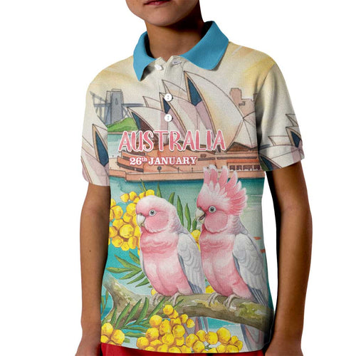 Personalised Pink Galah Australia Day Kid Polo Shirt Aussie Sydney Opera House Watercolor Stylized - Aussie Hoodie