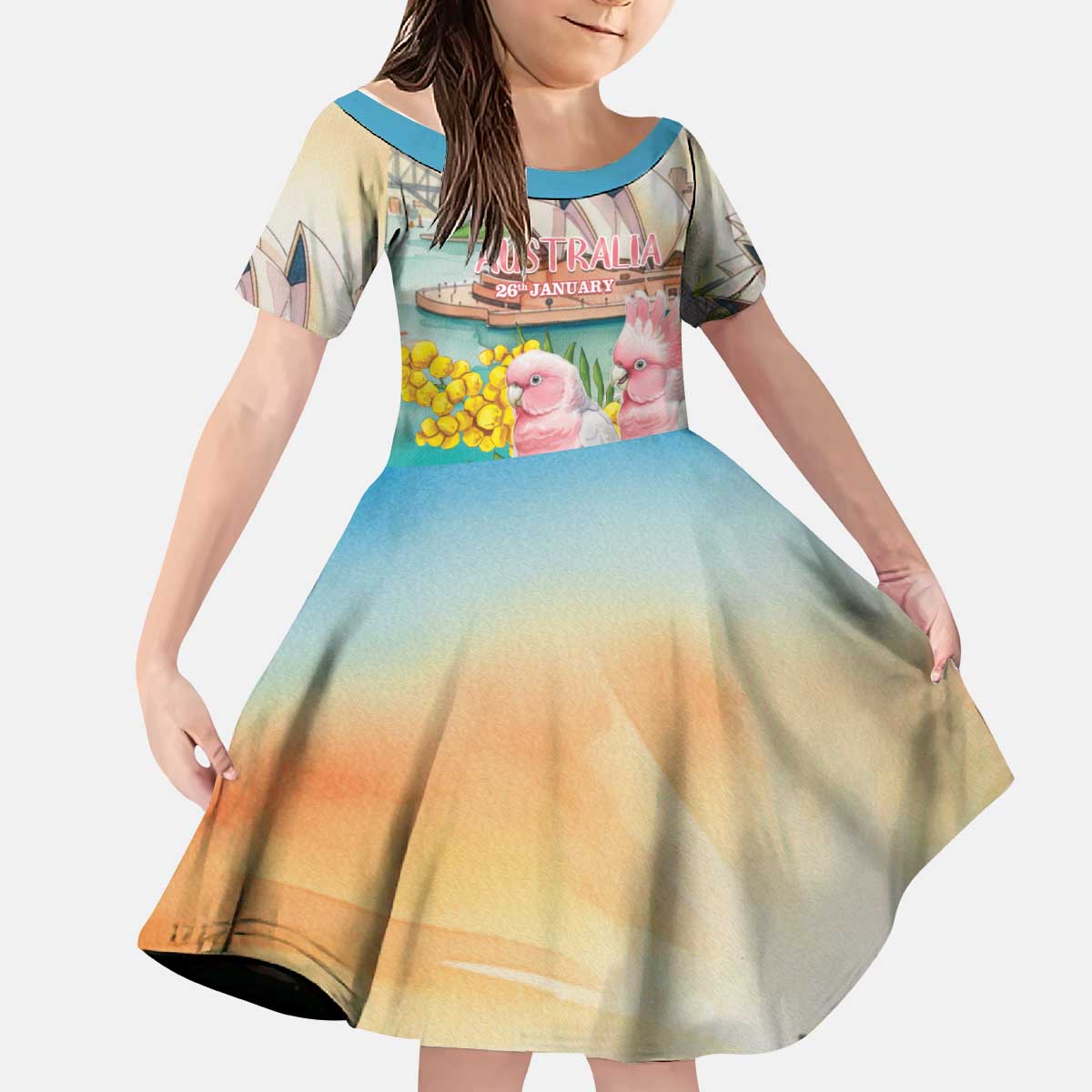 Personalised Pink Galah Australia Day Kid Short Sleeve Dress Aussie Sydney Opera House Watercolor Stylized - Aussie Hoodie