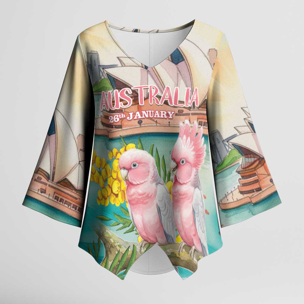 Personalised Pink Galah Australia Day Kimono Sleeve Blouse Aussie Sydney Opera House Watercolor Stylized - Aussie Hoodie