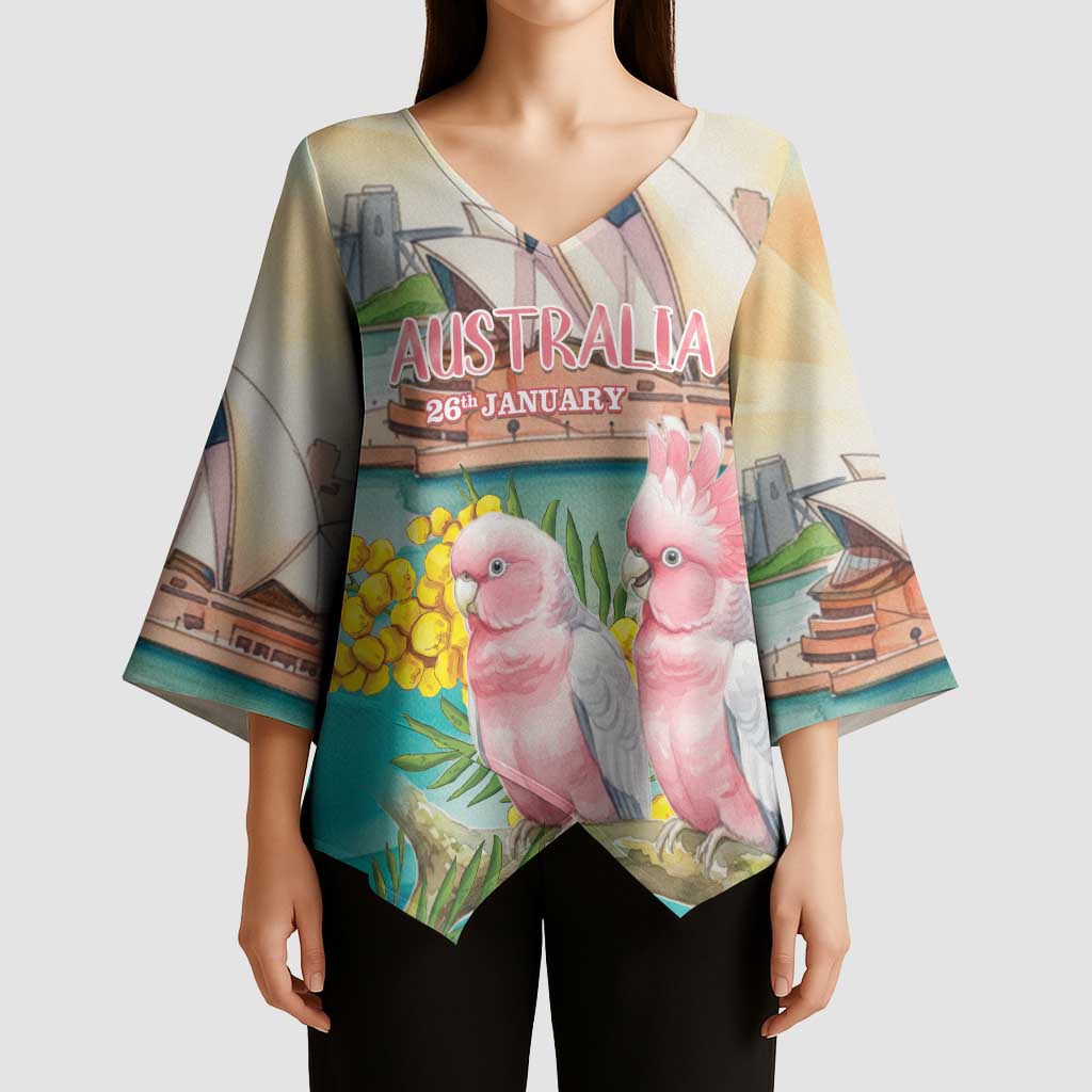 Personalised Pink Galah Australia Day Kimono Sleeve Blouse Aussie Sydney Opera House Watercolor Stylized - Aussie Hoodie