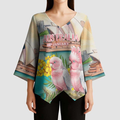 Personalised Pink Galah Australia Day Kimono Sleeve Blouse Aussie Sydney Opera House Watercolor Stylized - Aussie Hoodie