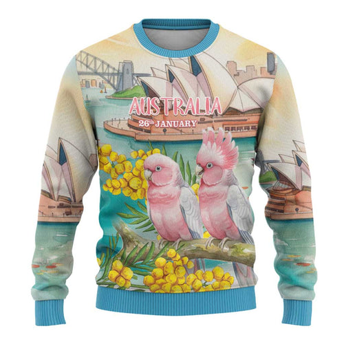 Personalised Pink Galah Australia Day Ugly Christmas Sweater Aussie Sydney Opera House Watercolor Stylized - Aussie Hoodie