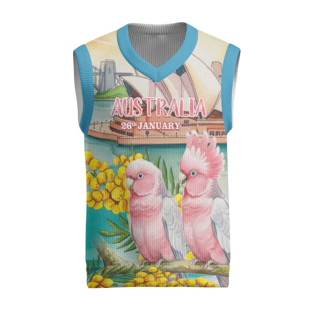 Personalised Pink Galah Australia Day Christmas Knitted V-Neck Vest Aussie Sydney Opera House Watercolor Stylized - Aussie Hoodie