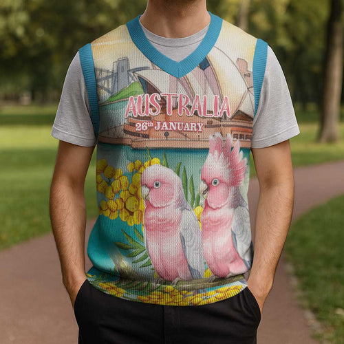 Personalised Pink Galah Australia Day Christmas Knitted V-Neck Vest Aussie Sydney Opera House Watercolor Stylized - Aussie Hoodie