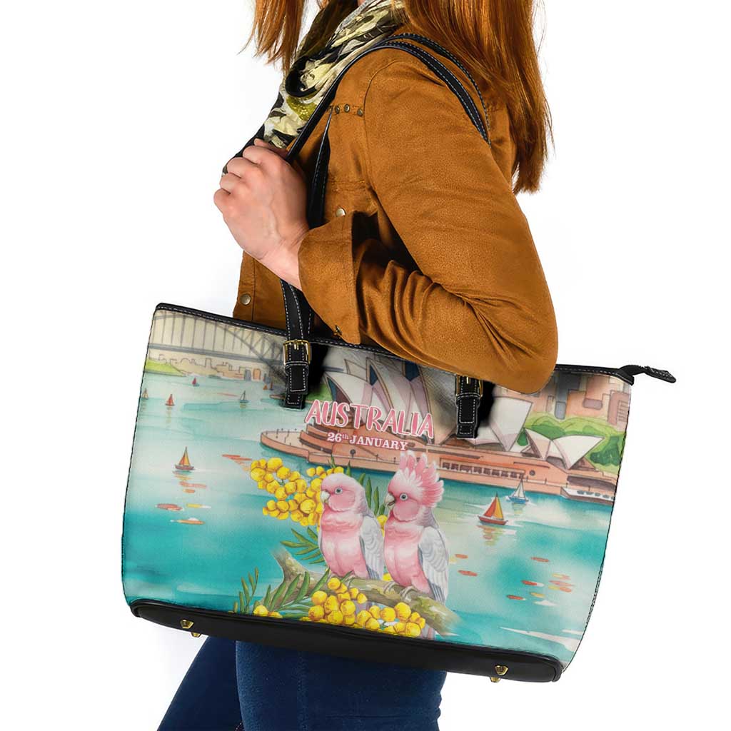 Pink Galah Australia Day Leather Tote Bag Aussie Sydney Opera House Watercolor Stylized - Aussie Hoodie