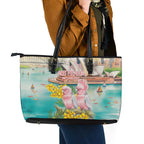 Pink Galah Australia Day Leather Tote Bag Aussie Sydney Opera House Watercolor Stylized - Aussie Hoodie