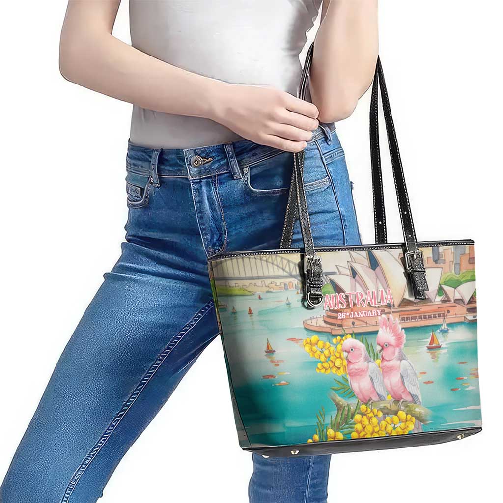 Pink Galah Australia Day Leather Tote Bag Aussie Sydney Opera House Watercolor Stylized - Aussie Hoodie