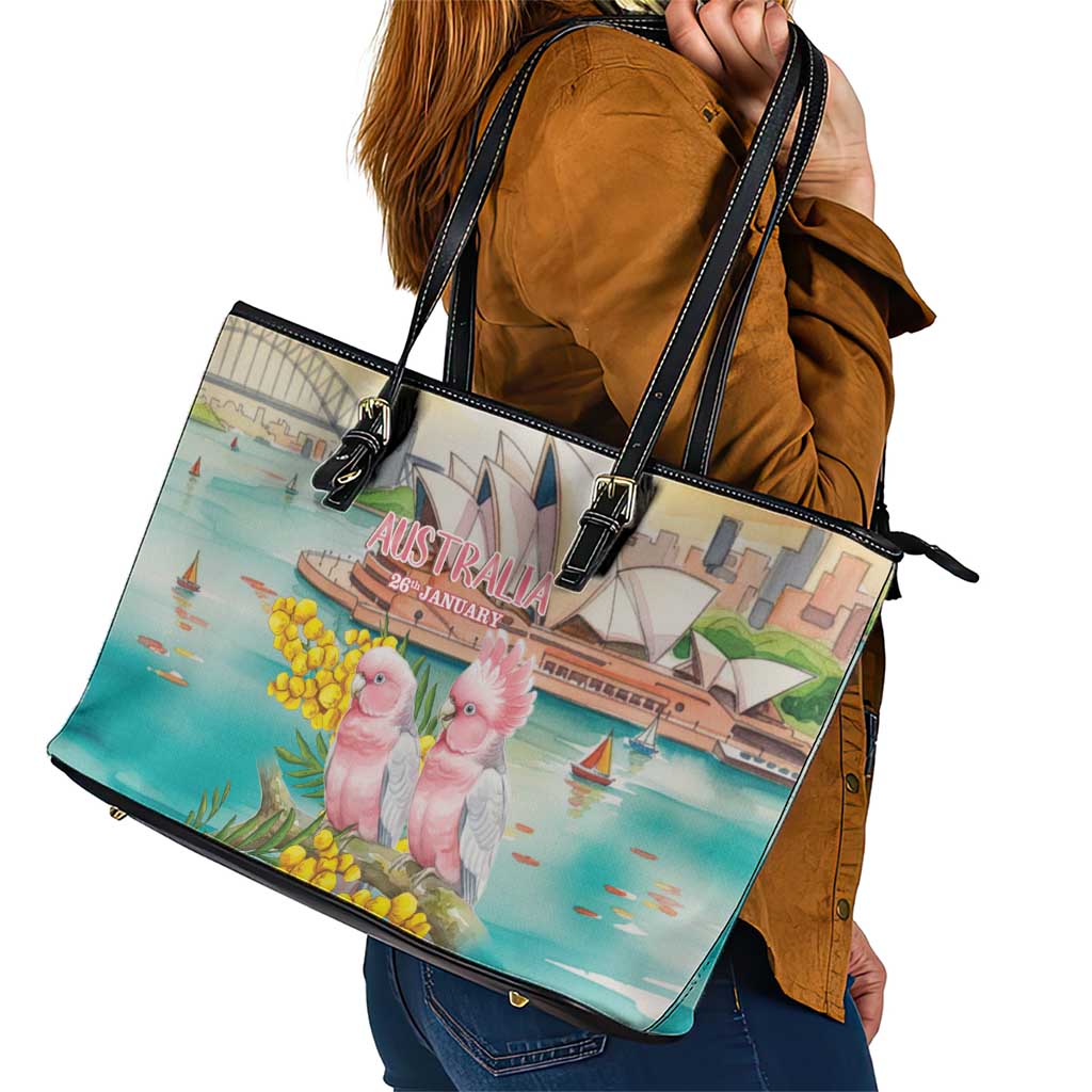 Pink Galah Australia Day Leather Tote Bag Aussie Sydney Opera House Watercolor Stylized - Aussie Hoodie