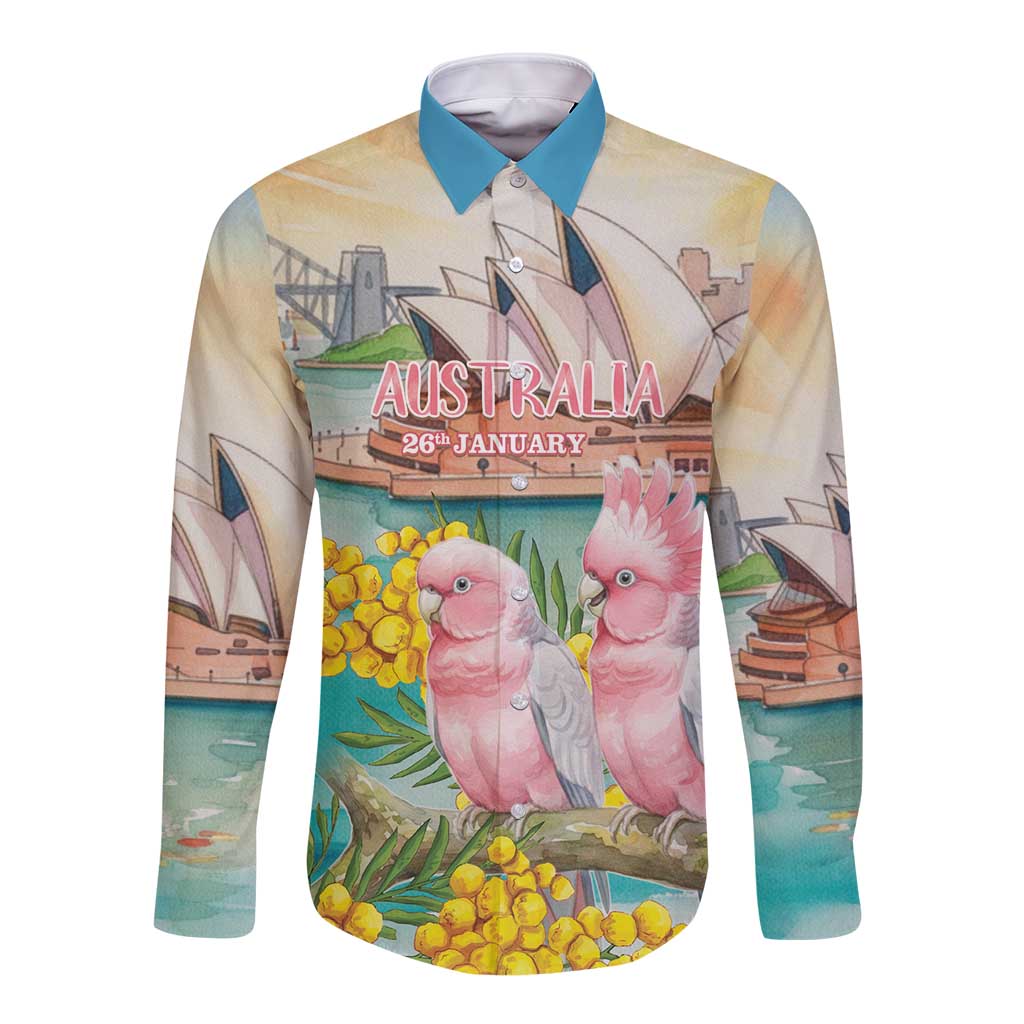 Personalised Pink Galah Australia Day Long Sleeve Button Shirt Aussie Sydney Opera House Watercolor Stylized - Aussie Hoodie