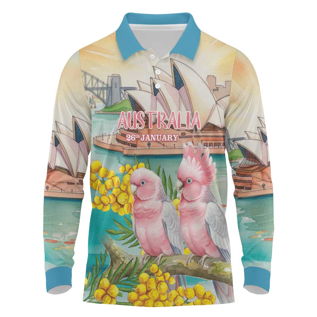 Personalised Pink Galah Australia Day Long Sleeve Polo Shirt Aussie Sydney Opera House Watercolor Stylized - Aussie Hoodie