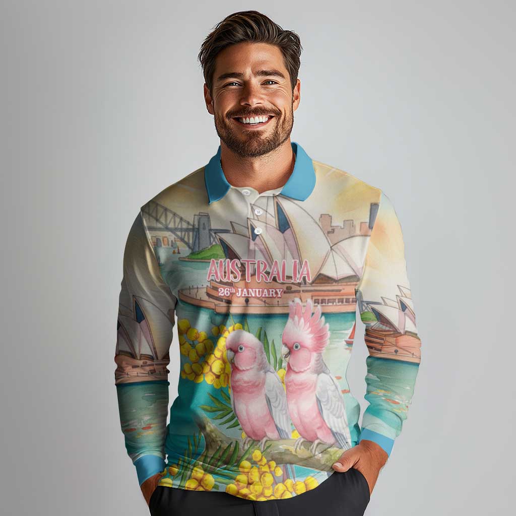 Personalised Pink Galah Australia Day Long Sleeve Polo Shirt Aussie Sydney Opera House Watercolor Stylized - Aussie Hoodie