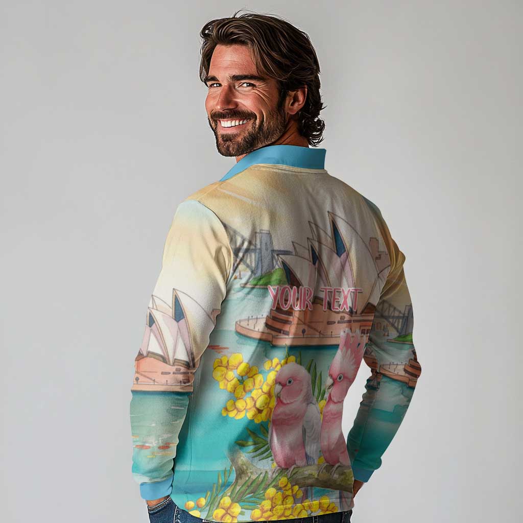 Personalised Pink Galah Australia Day Long Sleeve Polo Shirt Aussie Sydney Opera House Watercolor Stylized - Aussie Hoodie