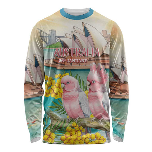 Personalised Pink Galah Australia Day Long Sleeve Shirt Aussie Sydney Opera House Watercolor Stylized - Aussie Hoodie