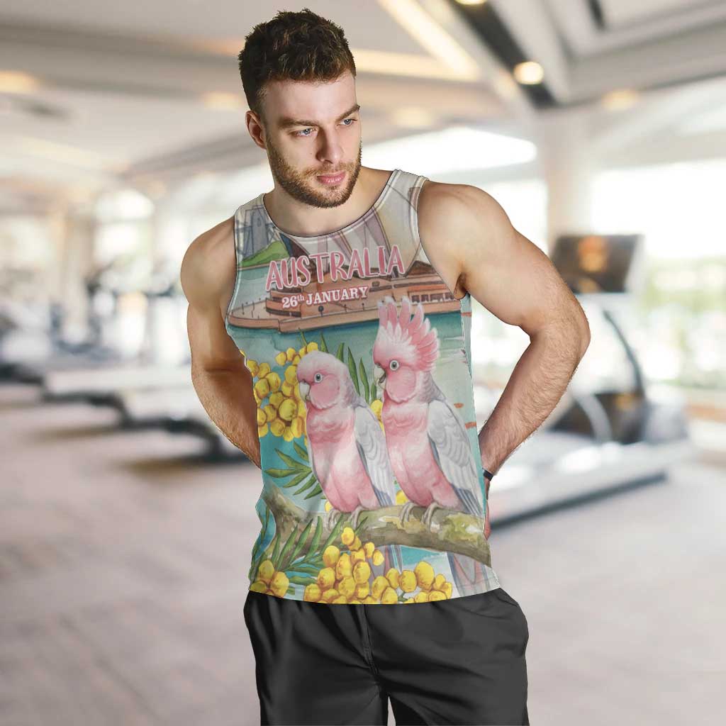 Personalised Pink Galah Australia Day Men Tank Top Aussie Sydney Opera House Watercolor Stylized - Aussie Hoodie
