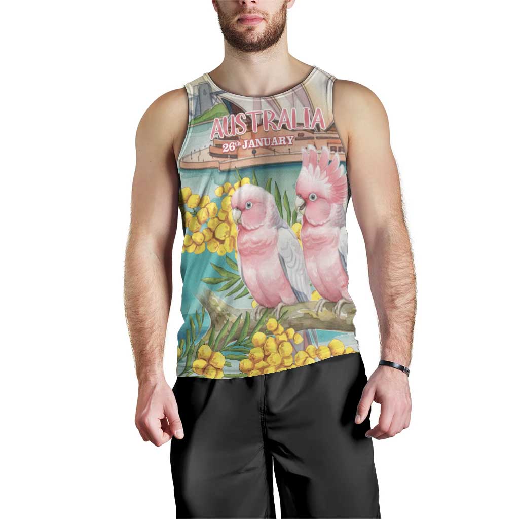 Personalised Pink Galah Australia Day Men Tank Top Aussie Sydney Opera House Watercolor Stylized - Aussie Hoodie