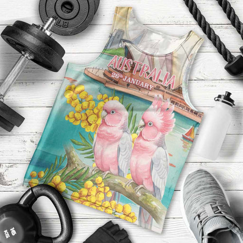 Personalised Pink Galah Australia Day Men Tank Top Aussie Sydney Opera House Watercolor Stylized - Aussie Hoodie
