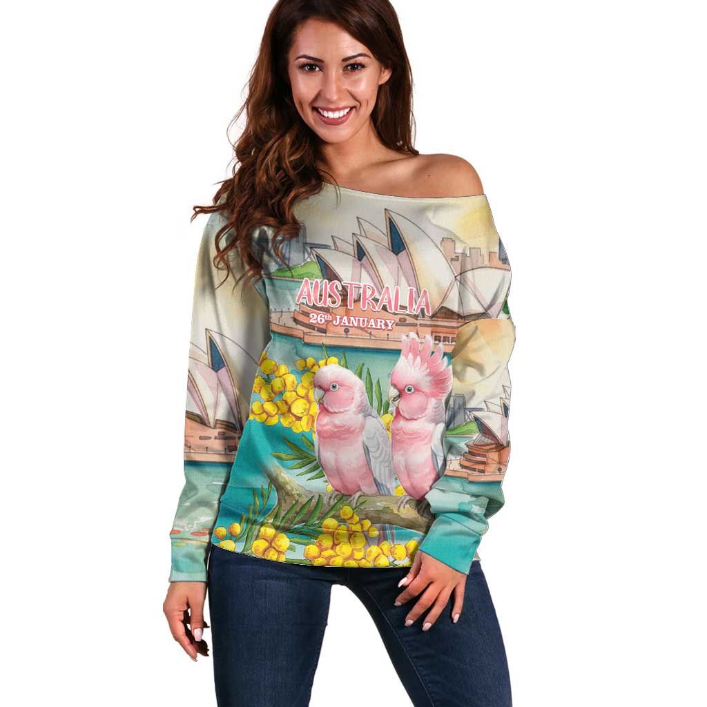 Personalised Pink Galah Australia Day Off Shoulder Sweater Aussie Sydney Opera House Watercolor Stylized - Aussie Hoodie