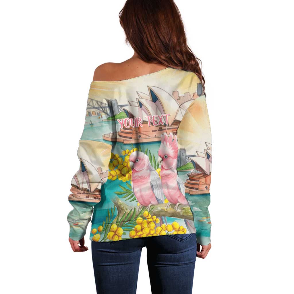 Personalised Pink Galah Australia Day Off Shoulder Sweater Aussie Sydney Opera House Watercolor Stylized - Aussie Hoodie