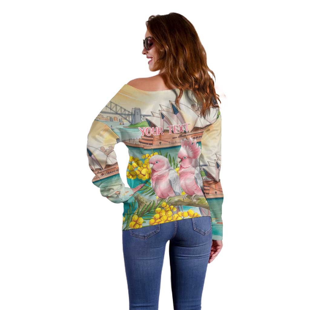 Personalised Pink Galah Australia Day Off Shoulder Sweater Aussie Sydney Opera House Watercolor Stylized - Aussie Hoodie
