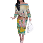 Personalised Pink Galah Australia Day Off The Shoulder Long Sleeve Dress Aussie Sydney Opera House Watercolor Stylized - Aussie Hoodie