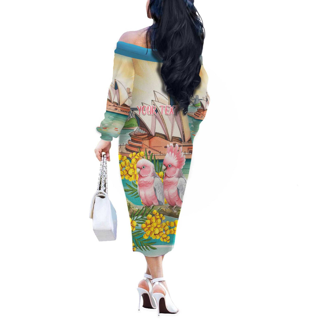 Personalised Pink Galah Australia Day Off The Shoulder Long Sleeve Dress Aussie Sydney Opera House Watercolor Stylized - Aussie Hoodie