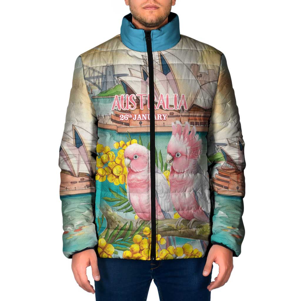 Personalised Pink Galah Australia Day Padded Jacket Aussie Sydney Opera House Watercolor Stylized - Aussie Hoodie