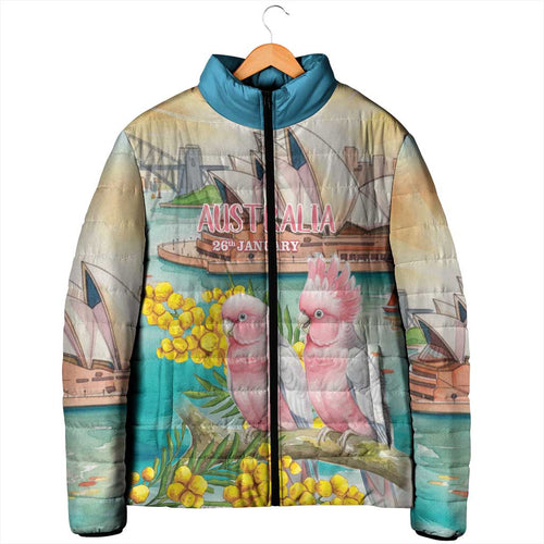 Personalised Pink Galah Australia Day Padded Jacket Aussie Sydney Opera House Watercolor Stylized - Aussie Hoodie