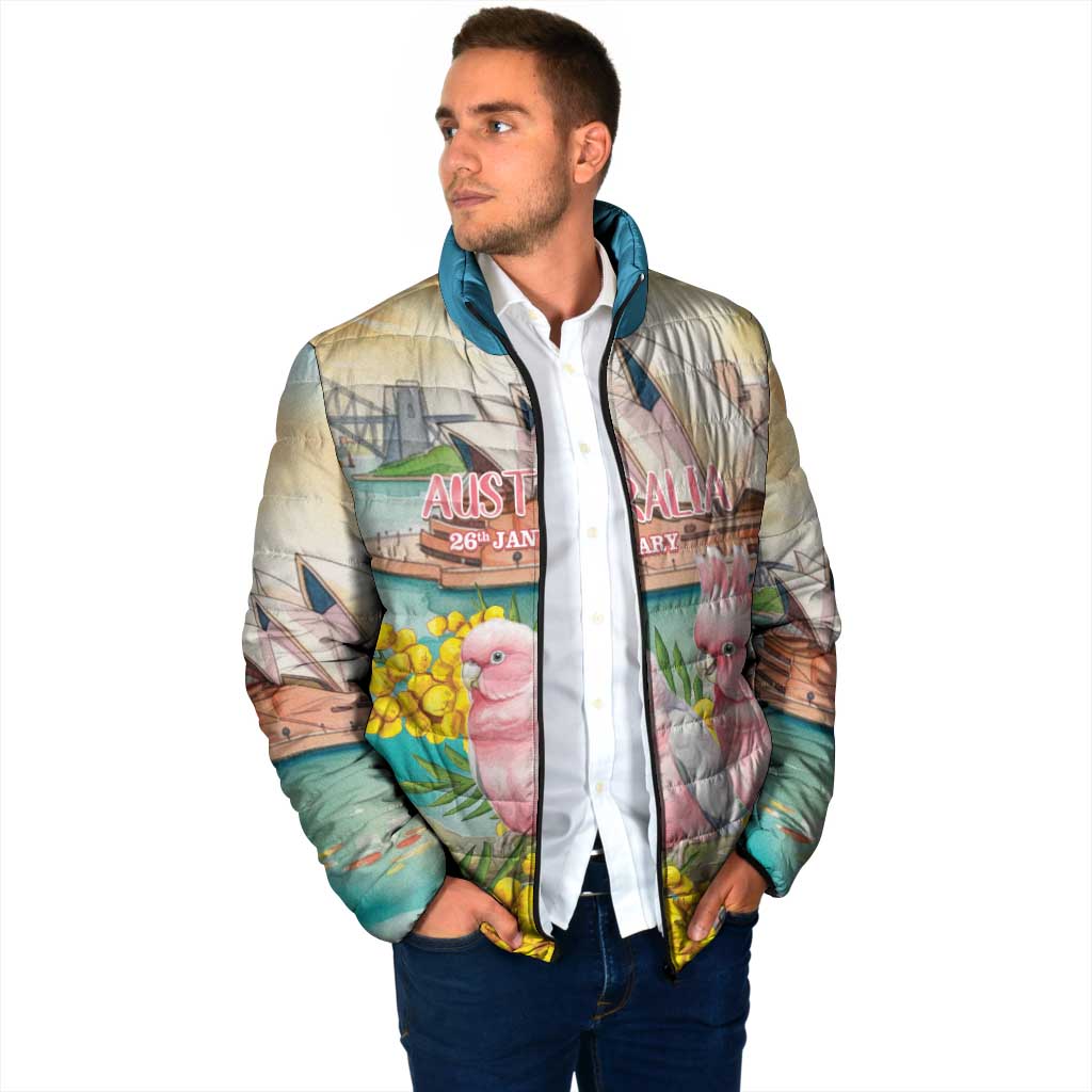 Personalised Pink Galah Australia Day Padded Jacket Aussie Sydney Opera House Watercolor Stylized - Aussie Hoodie
