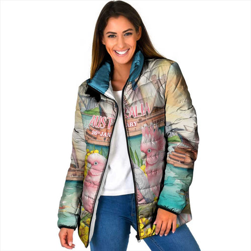 Personalised Pink Galah Australia Day Padded Jacket Aussie Sydney Opera House Watercolor Stylized - Aussie Hoodie
