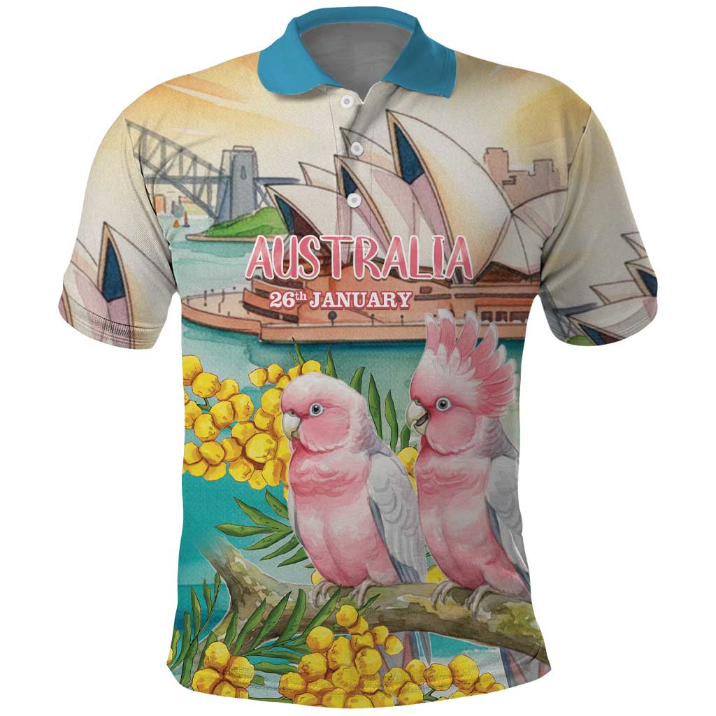 Personalised Pink Galah Australia Day Polo Shirt Aussie Sydney Opera House Watercolor Stylized - Aussie Hoodie
