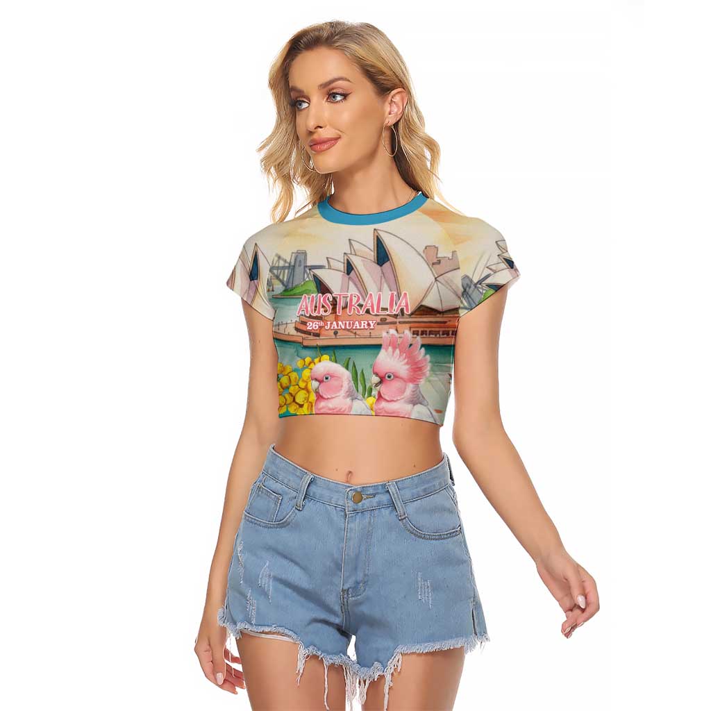 Personalised Pink Galah Australia Day Raglan Cropped T Shirt Aussie Sydney Opera House Watercolor Stylized - Aussie Hoodie