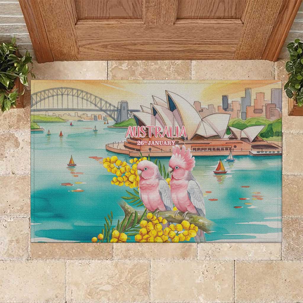 Pink Galah Australia Day Rubber Doormat Aussie Sydney Opera House Watercolor Stylized - Aussie Hoodie