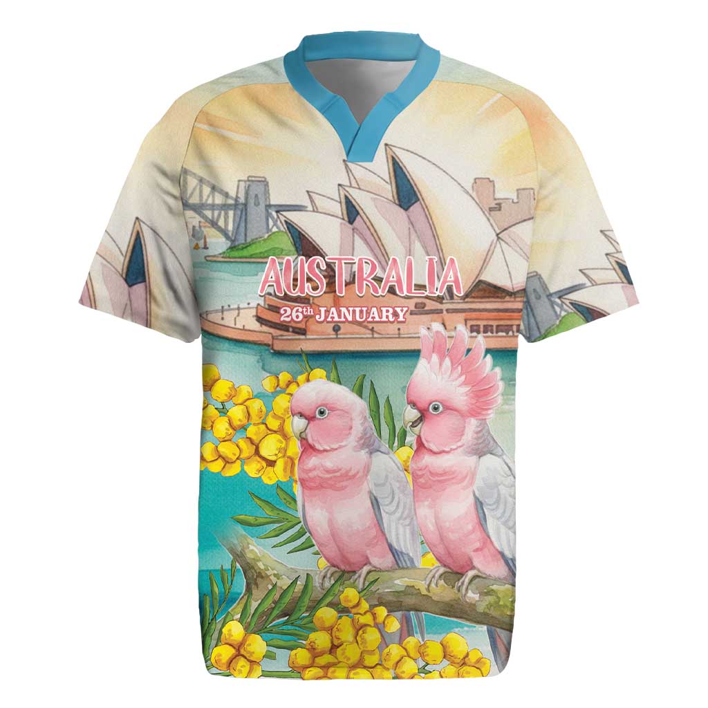 Personalised Pink Galah Australia Day Rugby Jersey Aussie Sydney Opera House Watercolor Stylized - Aussie Hoodie