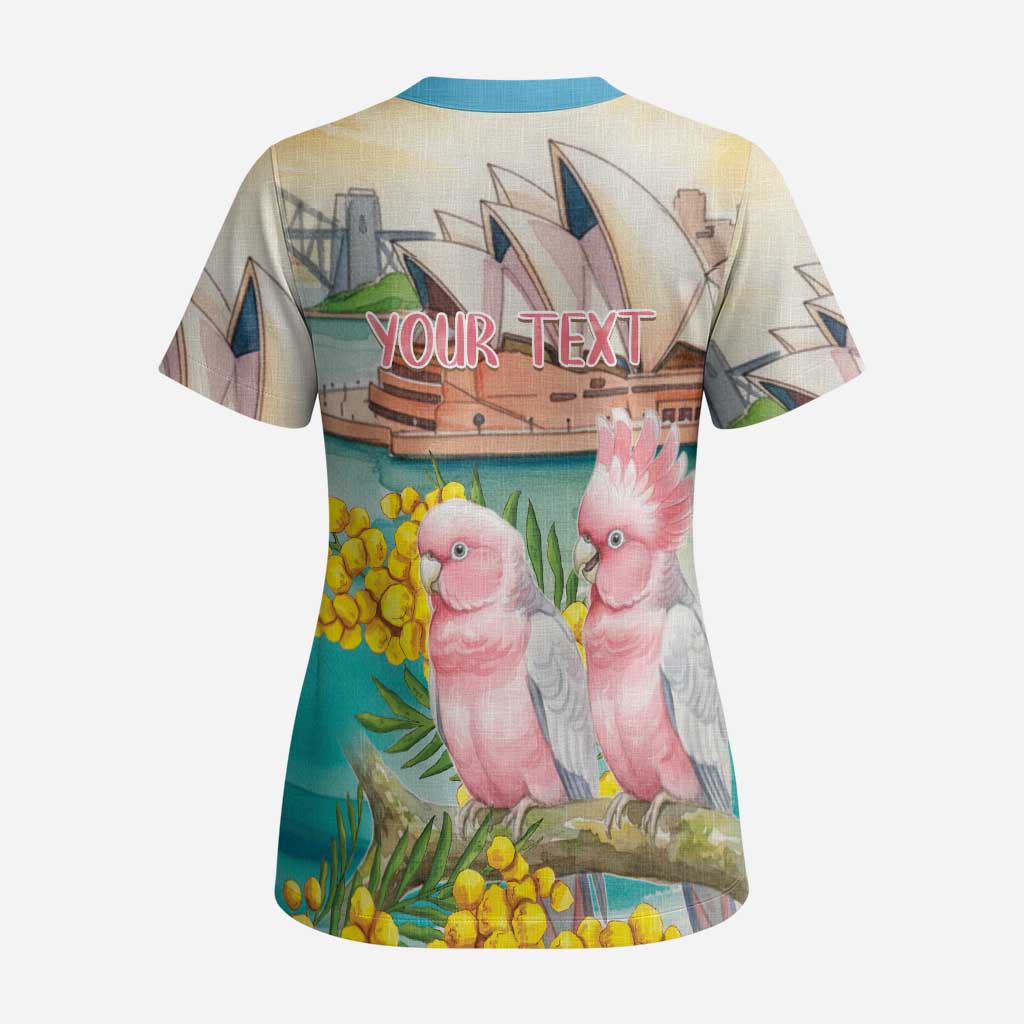 Personalised Pink Galah Australia Day Scrub Top Aussie Sydney Opera House Watercolor Stylized - Aussie Hoodie