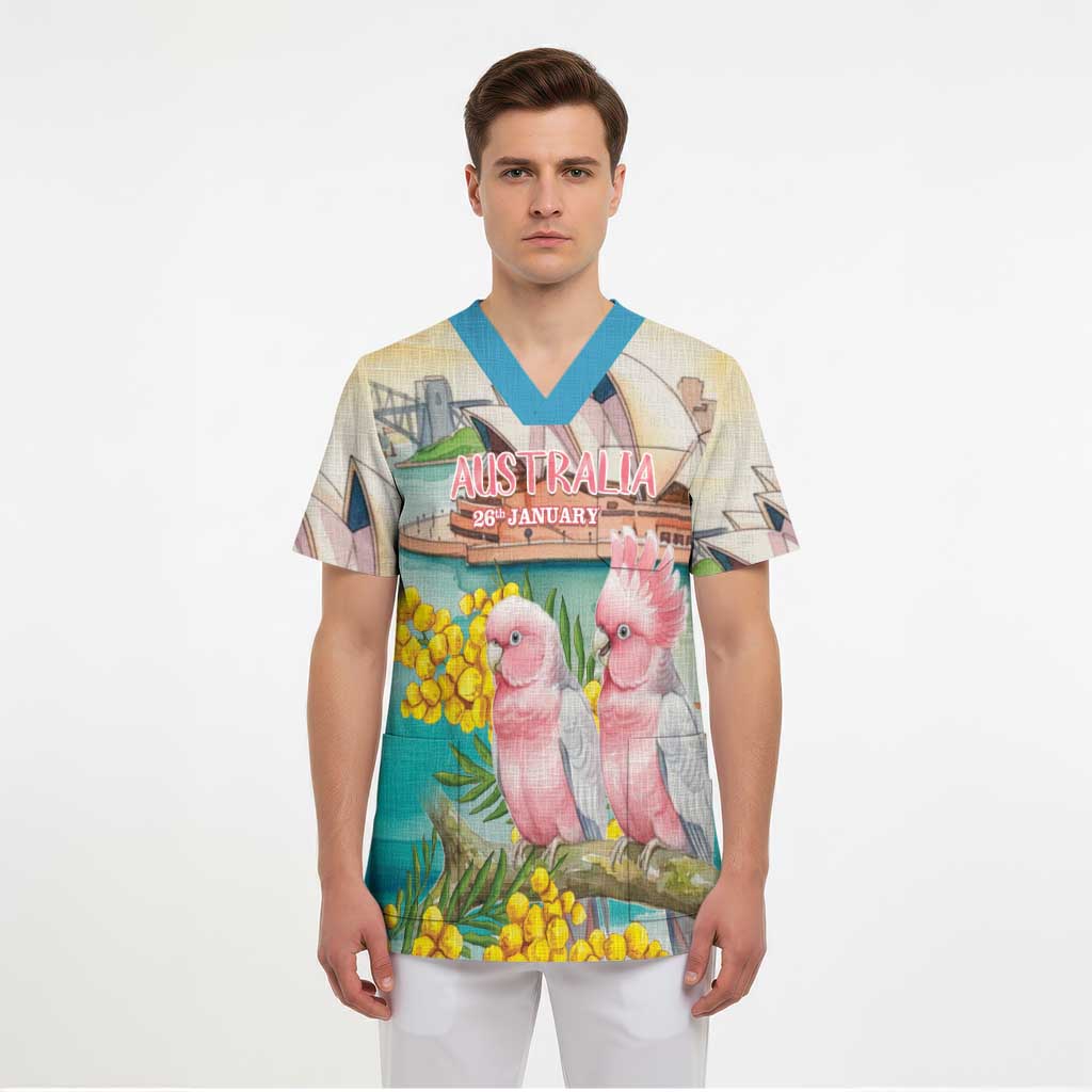 Personalised Pink Galah Australia Day Scrub Top Aussie Sydney Opera House Watercolor Stylized - Aussie Hoodie