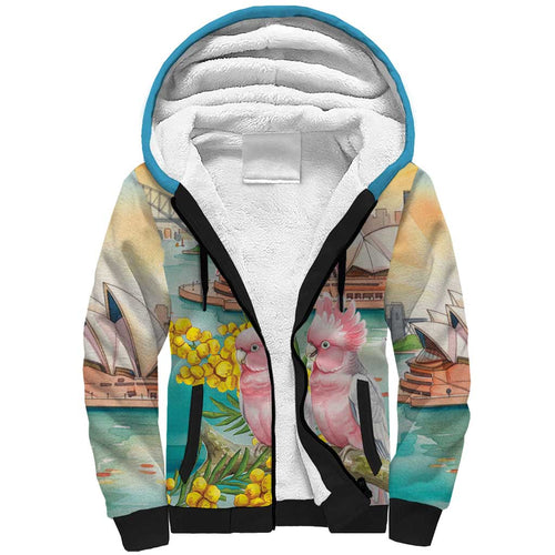 Personalised Pink Galah Australia Day Sherpa Hoodie Aussie Sydney Opera House Watercolor Stylized - Aussie Hoodie