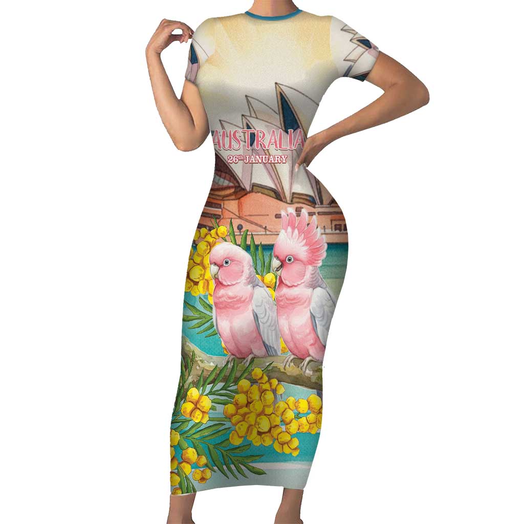 Personalised Pink Galah Australia Day Short Sleeve Bodycon Dress Aussie Sydney Opera House Watercolor Stylized - Aussie Hoodie