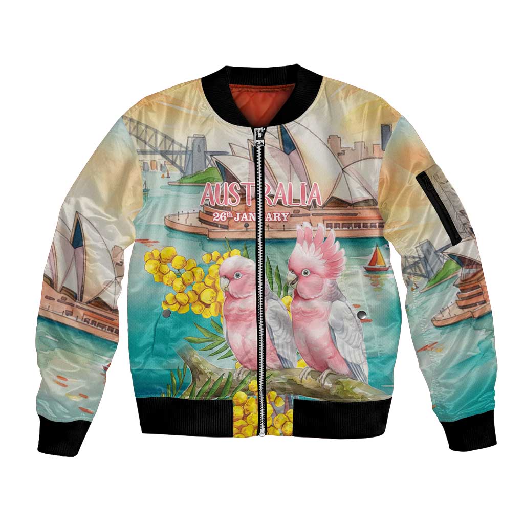 Personalised Pink Galah Australia Day Sleeve Zip Bomber Jacket Aussie Sydney Opera House Watercolor Stylized - Aussie Hoodie