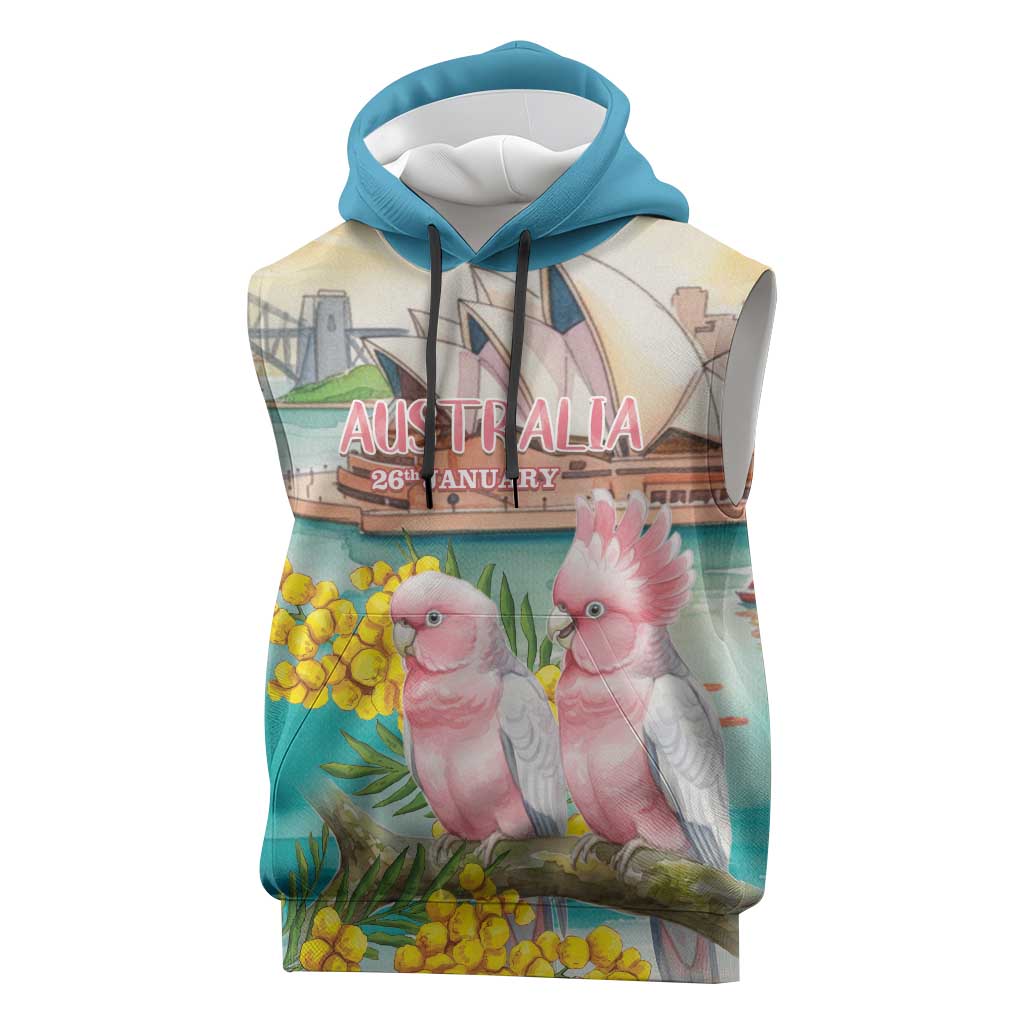 Personalised Pink Galah Australia Day Sleeveless Hoodie Aussie Sydney Opera House Watercolor Stylized - Aussie Hoodie