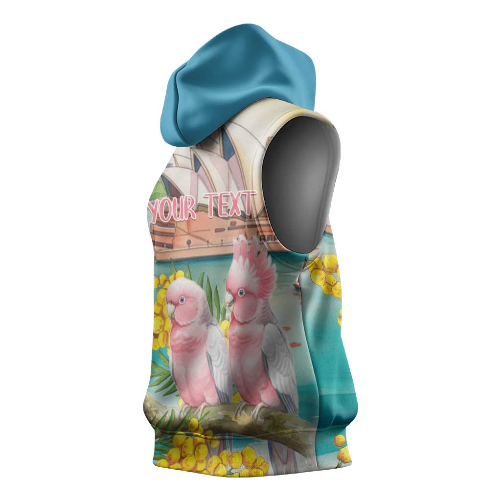 Personalised Pink Galah Australia Day Sleeveless Hoodie Aussie Sydney Opera House Watercolor Stylized - Aussie Hoodie