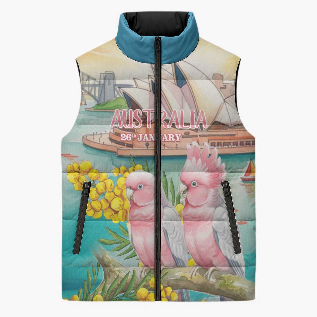 Personalised Pink Galah Australia Day Sleeveless Puffer Jacket Aussie Sydney Opera House Watercolor Stylized - Aussie Hoodie