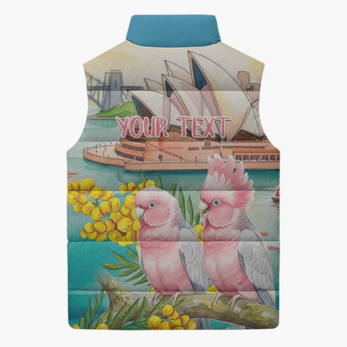 Personalised Pink Galah Australia Day Sleeveless Puffer Jacket Aussie Sydney Opera House Watercolor Stylized - Aussie Hoodie