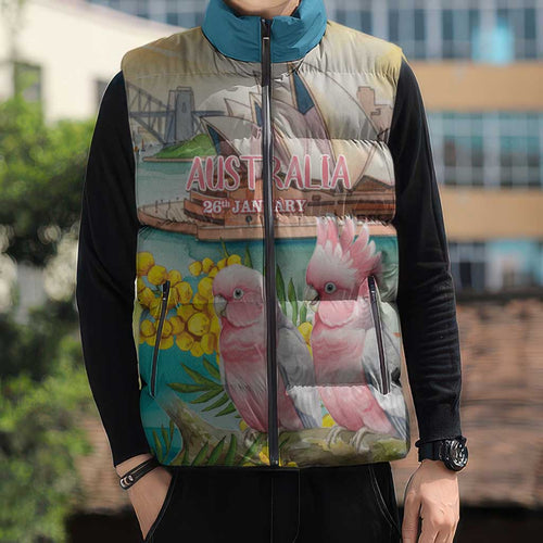 Personalised Pink Galah Australia Day Sleeveless Puffer Jacket Aussie Sydney Opera House Watercolor Stylized - Aussie Hoodie