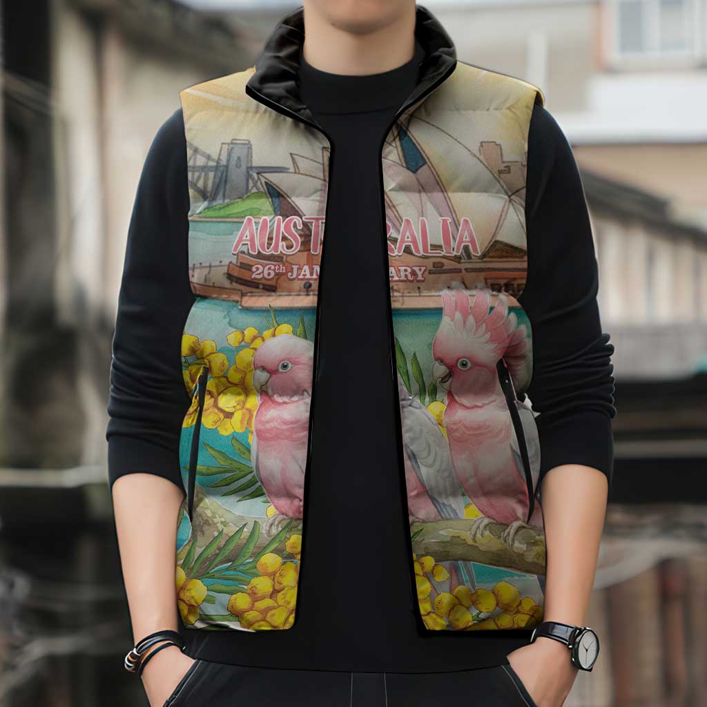 Personalised Pink Galah Australia Day Sleeveless Puffer Jacket Aussie Sydney Opera House Watercolor Stylized - Aussie Hoodie