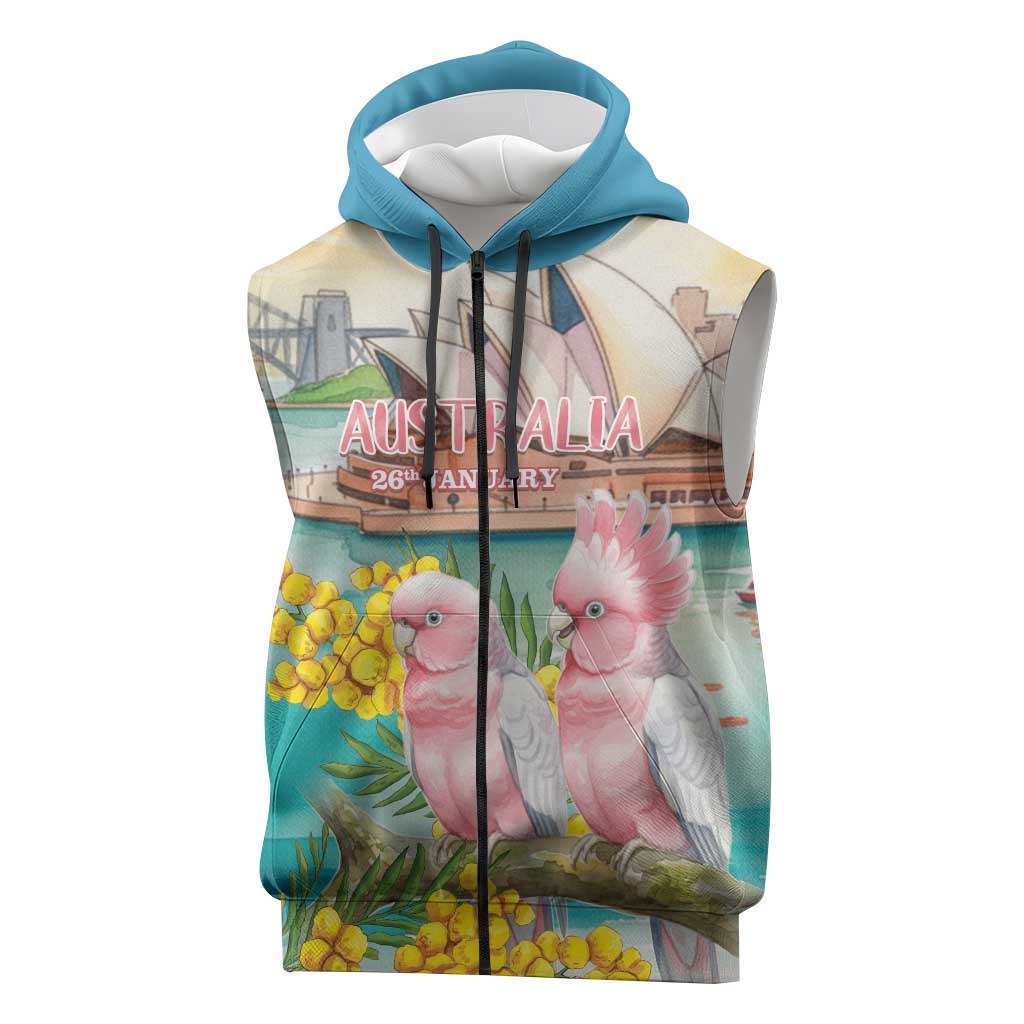Personalised Pink Galah Australia Day Sleeveless Zip Hoodie Aussie Sydney Opera House Watercolor Stylized LT14