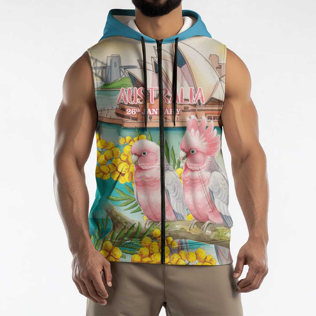 Personalised Pink Galah Australia Day Sleeveless Zip Hoodie Aussie Sydney Opera House Watercolor Stylized LT14
