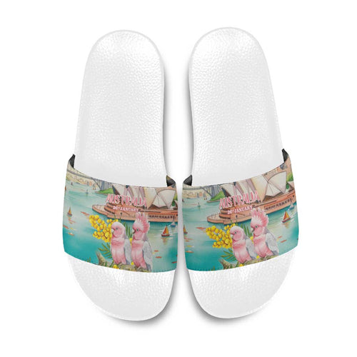 Pink Galah Australia Day Slide Sandals Aussie Sydney Opera House Watercolor Stylized - Aussie Hoodie